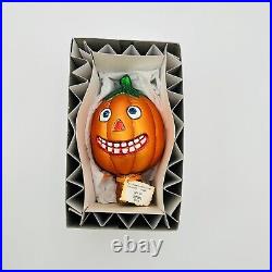 Old World Christmas Glass Halloween Ornament Pumpkin Jack O Lantern Topper NEW