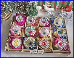 POLAND Vtg INDENT Glass Christmas Ornament Box of 12 Santa Land Birds Bells HP