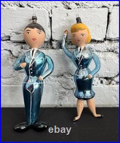 Pair Of LARGE Vintage Annealed Glass Christmas Ornaments Pilot & Stewardess RARE