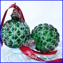 Pair Waterford Crystal 2014 Annual Ornament Christmas Cased Ball Emerald Green