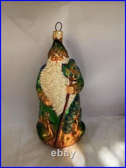 Patricia Breen Glass Santa Claus Peacock Christmas Ornament Green Gold Glitter