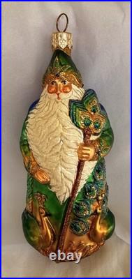 Patricia Breen Glass Santa Claus Peacock Christmas Ornament Green Gold Glitter
