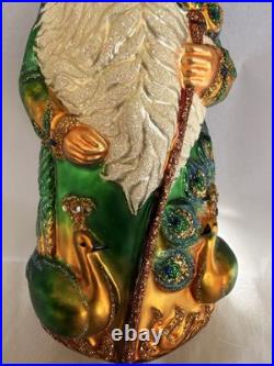 Patricia Breen Glass Santa Claus Peacock Christmas Ornament Green Gold Glitter