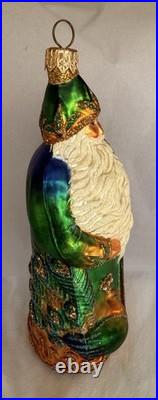 Patricia Breen Glass Santa Claus Peacock Christmas Ornament Green Gold Glitter