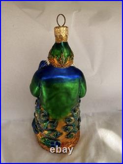 Patricia Breen Glass Santa Claus Peacock Christmas Ornament Green Gold Glitter