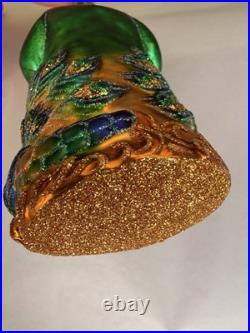 Patricia Breen Glass Santa Claus Peacock Christmas Ornament Green Gold Glitter