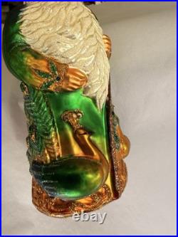 Patricia Breen Glass Santa Claus Peacock Christmas Ornament Green Gold Glitter
