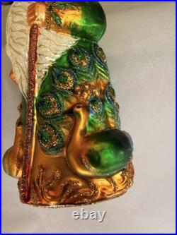 Patricia Breen Glass Santa Claus Peacock Christmas Ornament Green Gold Glitter