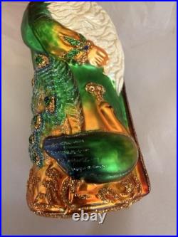 Patricia Breen Glass Santa Claus Peacock Christmas Ornament Green Gold Glitter