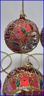 Pier 1 Hand Painted European Glass Indent Christmas Ornament Lot of 8 Large Ball