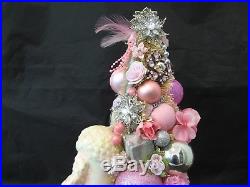Pink Jeweled Poodle Bottle Brush XMAS Tree VTG Mercury Glass Bead Ornaments