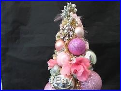 Pink Jeweled Poodle Bottle Brush XMAS Tree VTG Mercury Glass Bead Ornaments