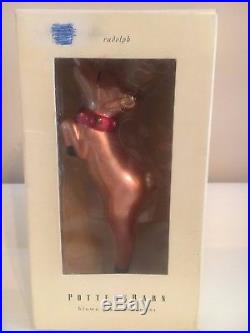 Pottery Barn RUDOLPH Reindeer Blown Glass Christmas Santa Baby Ornament With Box