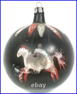 Pre War Christmas Ornament Black Glass Stenciled Man Horse Made In Poland 1930s
