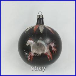 Pre War Christmas Ornament Black Glass Stenciled Man Horse Made In Poland 1930s
