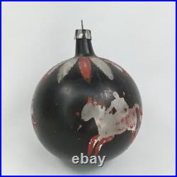 Pre War Christmas Ornament Black Glass Stenciled Man Horse Made In Poland 1930s