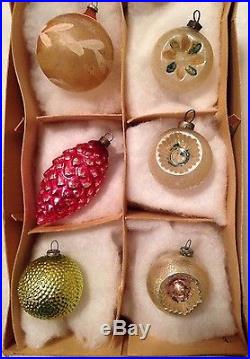 RARE 6 VTG OCCUPIED JAPAN GLASS FEATHER TREE CHRISTMAS ORNAMENT INDENT BUMPY