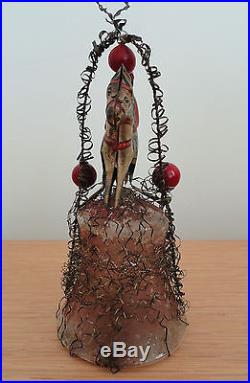 RARE Antique German Christmas Ornament Glass Bell with TIN HORSE and RIDER