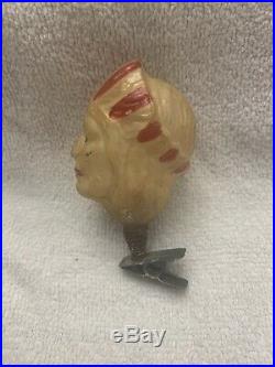 RARE Antique German Glass Clip On Christmas Ornament Indian Chief Head