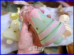 RARE Box 4 JUMBO Satin BELLS Ribbon Mica Glitter Jewel Italy Glass Xmas Ornament