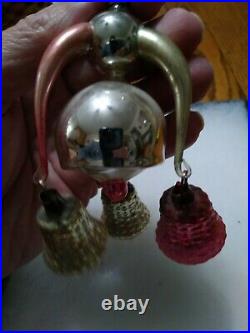 RARE GERMAN GLASS CHRISTMAS CHANDELIER ORNAMENT WITH ARMS & BELLS 4 inches