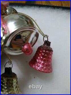 RARE GERMAN GLASS CHRISTMAS CHANDELIER ORNAMENT WITH ARMS & BELLS 4 inches