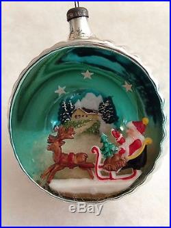 RARE HTF ITALIAN DIORAMA MERCURY GLASS JUMBO Xmas ORNAMENT SANTA SLED DEER HOUSE