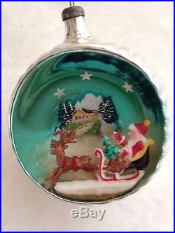 RARE HTF ITALIAN DIORAMA MERCURY GLASS JUMBO Xmas ORNAMENT SANTA SLED DEER HOUSE