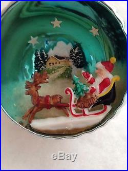 RARE HTF ITALIAN DIORAMA MERCURY GLASS JUMBO Xmas ORNAMENT SANTA SLED DEER HOUSE