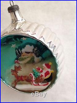 RARE HTF ITALIAN DIORAMA MERCURY GLASS JUMBO Xmas ORNAMENT SANTA SLED DEER HOUSE