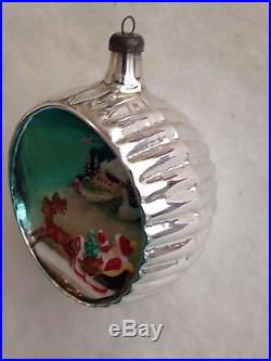 RARE HTF ITALIAN DIORAMA MERCURY GLASS JUMBO Xmas ORNAMENT SANTA SLED DEER HOUSE