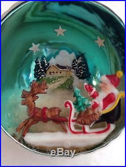 RARE HTF ITALIAN DIORAMA MERCURY GLASS JUMBO Xmas ORNAMENT SANTA SLED DEER HOUSE