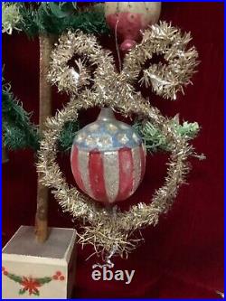 RARE Lg Antique PATRIOTIC CHRISTMAS ORNAMENT Embossed Glass & Tinsel Flag Motif