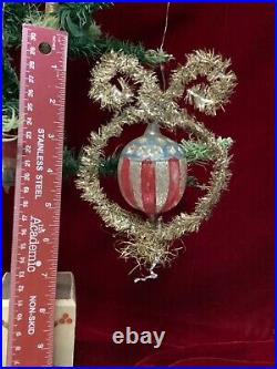 RARE Lg Antique PATRIOTIC CHRISTMAS ORNAMENT Embossed Glass & Tinsel Flag Motif