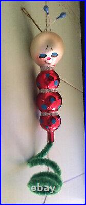 RARE VTg BLOWN Mercury GLASS Worm W Face Chenille Tail Christmas Ornament HTF