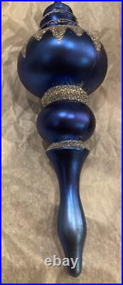 RARE Vintage Christmas Ornament Glass Large 7+ inch mid-century blue silver Xmas