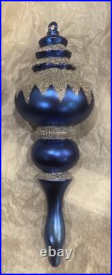 RARE Vintage Christmas Ornament Glass Large 7+ inch mid-century blue silver Xmas