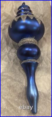 RARE Vintage Christmas Ornament Glass Large 7+ inch mid-century blue silver Xmas