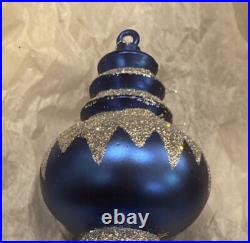 RARE Vintage Christmas Ornament Glass Large 7+ inch mid-century blue silver Xmas