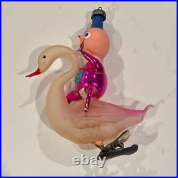 RARE Vintage De carlini Italy Glass Christmas Clip Ornament Boy Elf Riding Swan