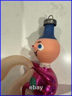 RARE Vintage De carlini Italy Glass Christmas Clip Ornament Boy Elf Riding Swan