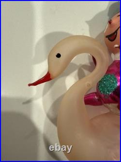 RARE Vintage De carlini Italy Glass Christmas Clip Ornament Boy Elf Riding Swan