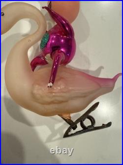 RARE Vintage De carlini Italy Glass Christmas Clip Ornament Boy Elf Riding Swan