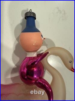 RARE Vintage De carlini Italy Glass Christmas Clip Ornament Boy Elf Riding Swan