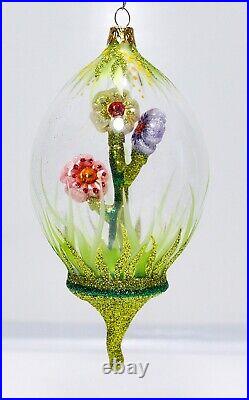 RARE Vintage Glass Dome with Flowers In Vase Hanging Christmas Ornament
