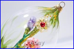 RARE Vintage Glass Dome with Flowers In Vase Hanging Christmas Ornament