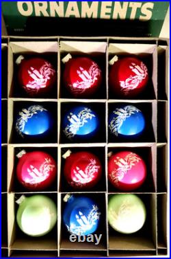 RARE Vintage Shiny Brite opaque non silvered stenciled ornaments. NOS. UV glow