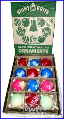 RARE Vintage Shiny Brite opaque non silvered stenciled ornaments. NOS. UV glow