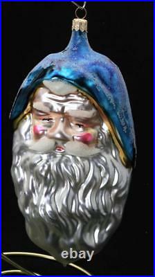 Radko Large Blue Santa Head Face Hand Painted Glass Christmas Ornament