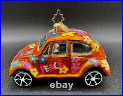 Radko Peace Flower Power Love Bug Orange VW Volkswagen Glass Christmas Ornament